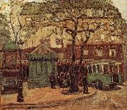 Grant Wood Greenish Bus in Street of Paris oil painting reproduction